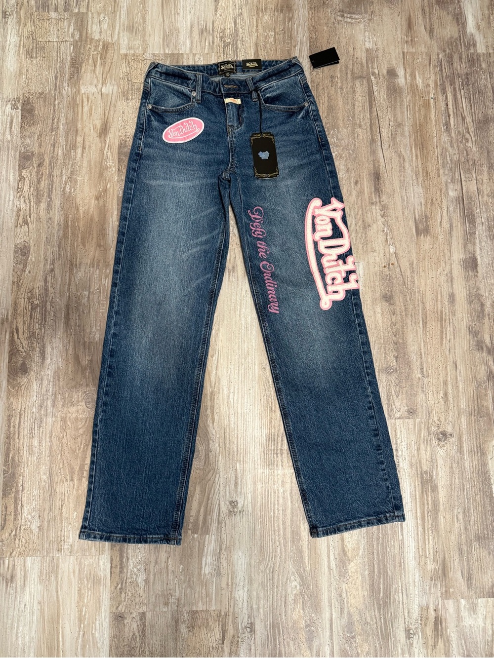 25 Von Dutch Dark Blue Straight Leg Jeans with Pink Embroidery